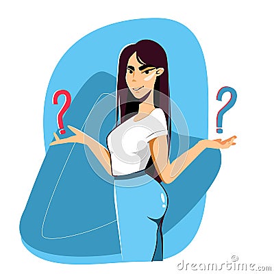 Cute young brunette woman in jeans and a t-shirt makes a choice. On two hands there are two question marks. Blue and Vector Illustration