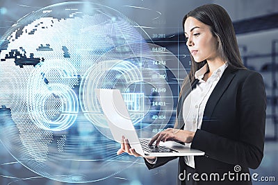 Attractive young european businesswoman using laptop with glowing planet earth globe hologram with 6G and index graph on blurry Editorial Stock Photo