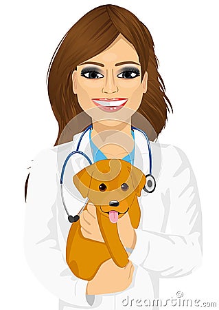 Attractive young female veterinarian hugging cute little dog Vector Illustration