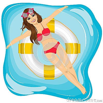 Attractive young girl relaxing in swimming pool floating on an inflatable ring Vector Illustration