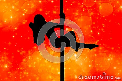 Attractive young girl silhouette hanging in a dancing pole in a pose isolated on a red background with lights Stock Photo