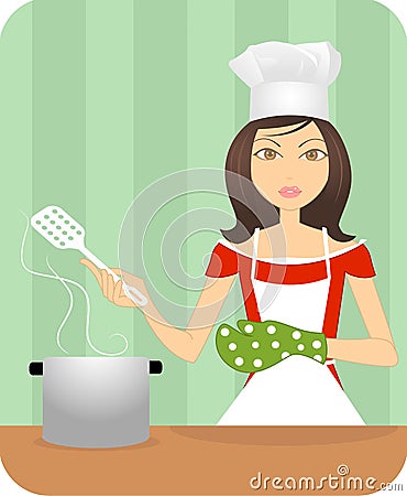 An attractive young lady cooking in the kitchen Vector Illustration