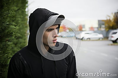 Attractive young man with hoodie and baseball cap in city Stock Photo