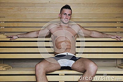 Attractive young man in sauna Stock Photo