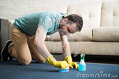 Concentrate cleaning the rug Stock Photo