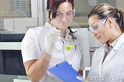 Attractive young PhD students scientists observing the color shift after the solution destillation in chemical laboratory Stock Photo