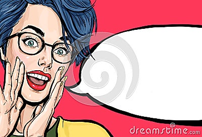 Attractive young sexy woman is announcing, telling a secret, shouting or yelling. Advertising poster of comic lady saying W Stock Photo