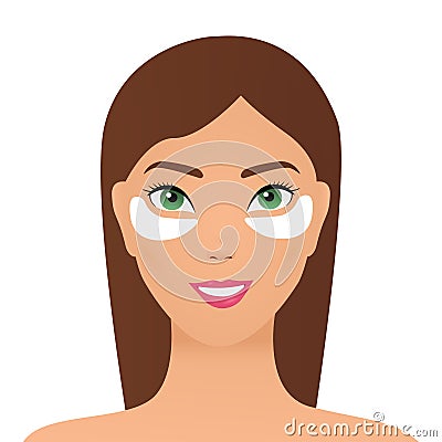 Attractive young woman applying white under eye patches, girl caring for her face, eye skin treatment procedure vector Vector Illustration