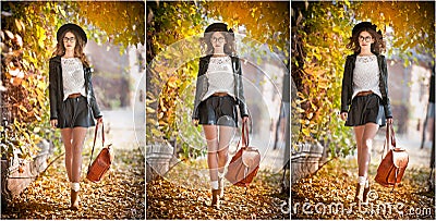 Attractive young woman in an autumnal shot outdoors. Beautiful fashionable school girl with leather backpack posing in park Stock Photo