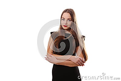 Attractive young woman in a black dress smiling and looking at c Stock Photo