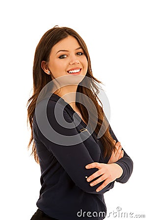 Attractive young woman in blue shirt isoalted over white Stock Photo