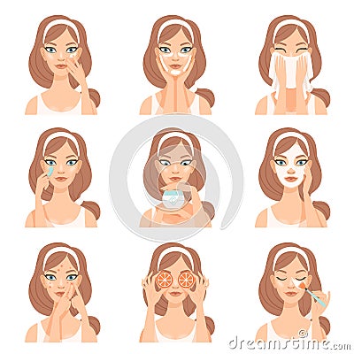 Attractive young woman caring for her face with cosmetics, beauty routine steps, facial treatment procedures vector Vector Illustration