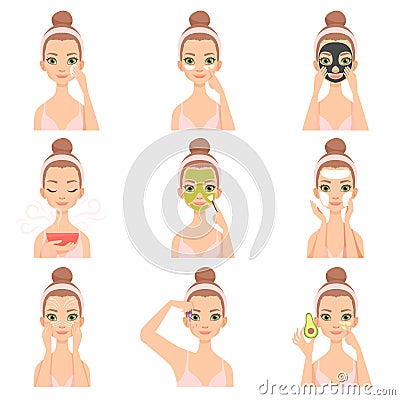 Attractive young woman caring for her face and skin with cosmetics set, beauty routine steps, facial treatment Vector Illustration