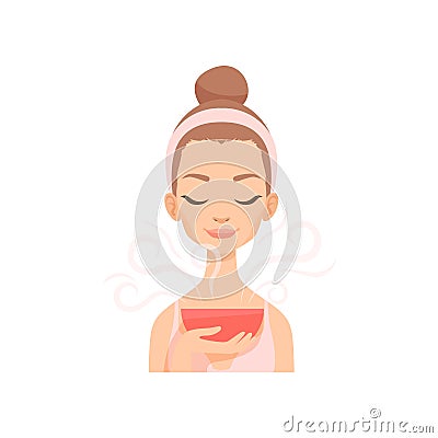 Attractive young woman caring for her face with steam, facial treatment procedure vector Illustration Vector Illustration