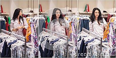 Attractive young woman fashion shot in mall. Beautiful fashionable young lady in white shirt in shopping area Stock Photo