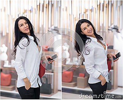 Attractive young woman fashion shot in mall. Beautiful fashionable young lady in white shirt in shopping area Stock Photo