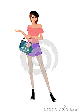 Attractive young woman with handbag standing Cartoon Illustration