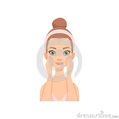 Attractive young woman massaging her face, massage lines, girl caring for her face and skin, facial treatment procedure Vector Illustration