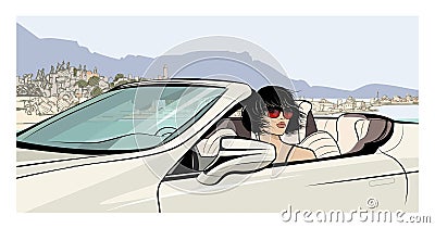 Attractive young woman posing in a convertible car Vector Illustration