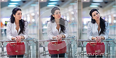 Attractive young woman with red bag in shopping center. Beautiful fashionable young lady with long hair in white male shirt Stock Photo