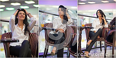 Attractive young woman sitting on armchair in shopping center. Beautiful fashionable young lady wearing white male shirt in mall. Stock Photo