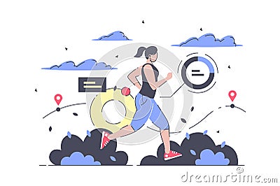 Attractive young woman sport jogging with health control device. Cartoon Illustration