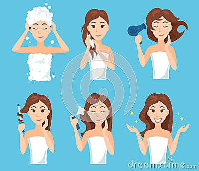 Attractive young woman wash, care and style her hair. Vector Illustration