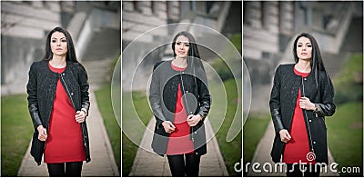 Attractive young woman in winter fashion shot with building on background. Beautiful fashionable girl in black coat over red dress Stock Photo