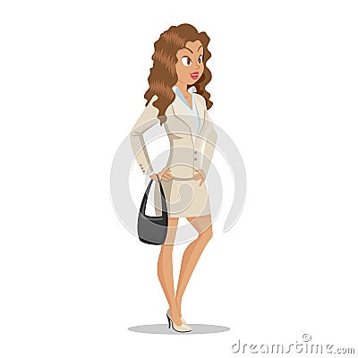 Attractive young women in elegant office clothes. Cute cartoon girl with a black bag in hand. Business girl. Office lady Vector Illustration
