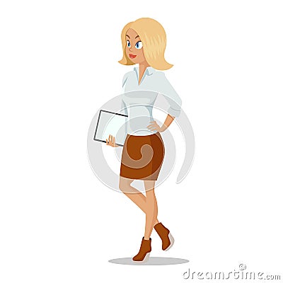 Attractive young women in elegant office clothes. Cute cartoon girl with documents in hand. Vector illustration. Vector Illustration