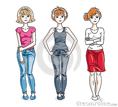 Attractive young women posing wearing casual clothes. Vector div Vector Illustration