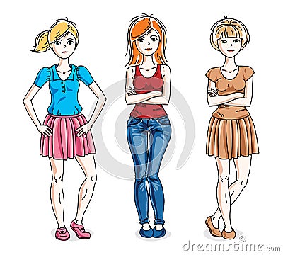 Attractive young women posing wearing casual clothes. Vector div Vector Illustration