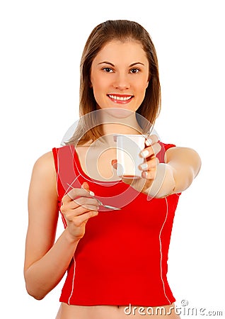 Attrctive girl with yogurt. Isolated on white Stock Photo