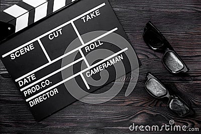 Attributes of film director. Movie clapperboard and sunglasses o Stock Photo