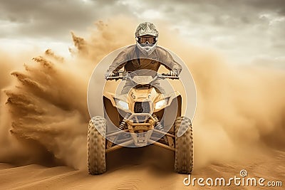 ATV quad in dust cloud with desert on background. Biker rider in action. Generative AI Stock Photo