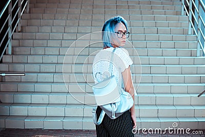 Atypical beauty attractive blue-haired girl Stock Photo