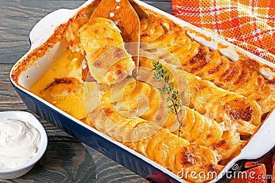 Au Gratin Dauphinois, Potatoes baked in a baking dish, close-up Stock Photo
