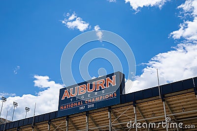 AUBURN ALABAMA, USA - JUNE 18, 2020 - Auburn Tigers National Champions sign on the exterior of the Jordan-Hare Stadium on the Editorial Stock Photo