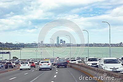 Auckland cbd with Sky Tower view taken from Auckland Southern Motorway, New Zealand Editorial Stock Photo