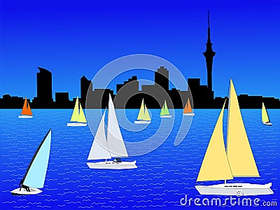 Auckland skyline with yachts Vector Illustration