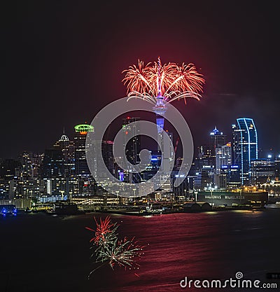 Auckland Skytower fireworks for New Year celebration. Vertical format Editorial Stock Photo