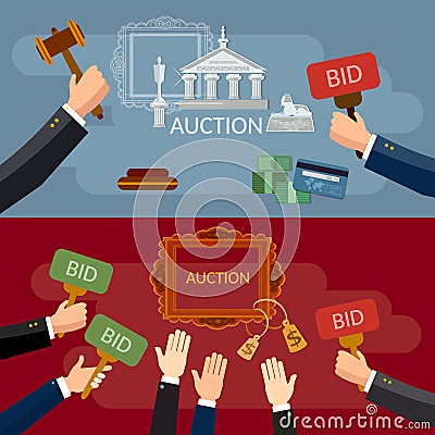 Auction and bidding banners sale antiques Vector Illustration