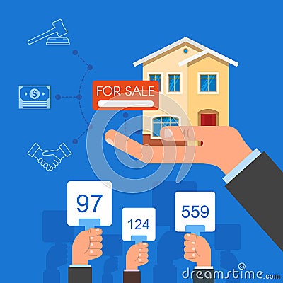 Auction and bidding concept vector illustration in flat style design. Selling house Vector Illustration