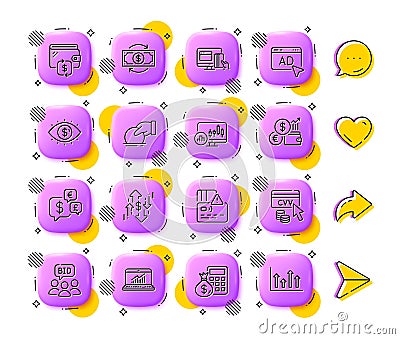 Auction, Cvv code and Business vision line icons. For web app, printing. App 3d buttons icons. Vector Vector Illustration