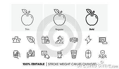 Auction hammer, Analysis app and Event click line icons. For web app, printing. Line icons. Vector Vector Illustration