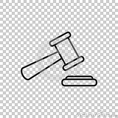 Auction hammer vector icon in line style. Court tribunal flat icon. Vector Illustration