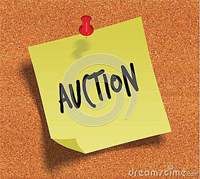 AUCTION handwritten on yellow sticky paper note over cork noticeboard background. Stock Photo