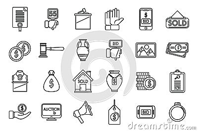 Auction icons set outline vector. Online charity Vector Illustration