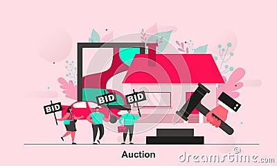 Auction web concept design in flat style. Auctioneer and bidding byers scene visualization. People bidding in public auction house Vector Illustration