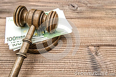 Auctioneer hammer Judges gavel euro banknotes Stock Photo